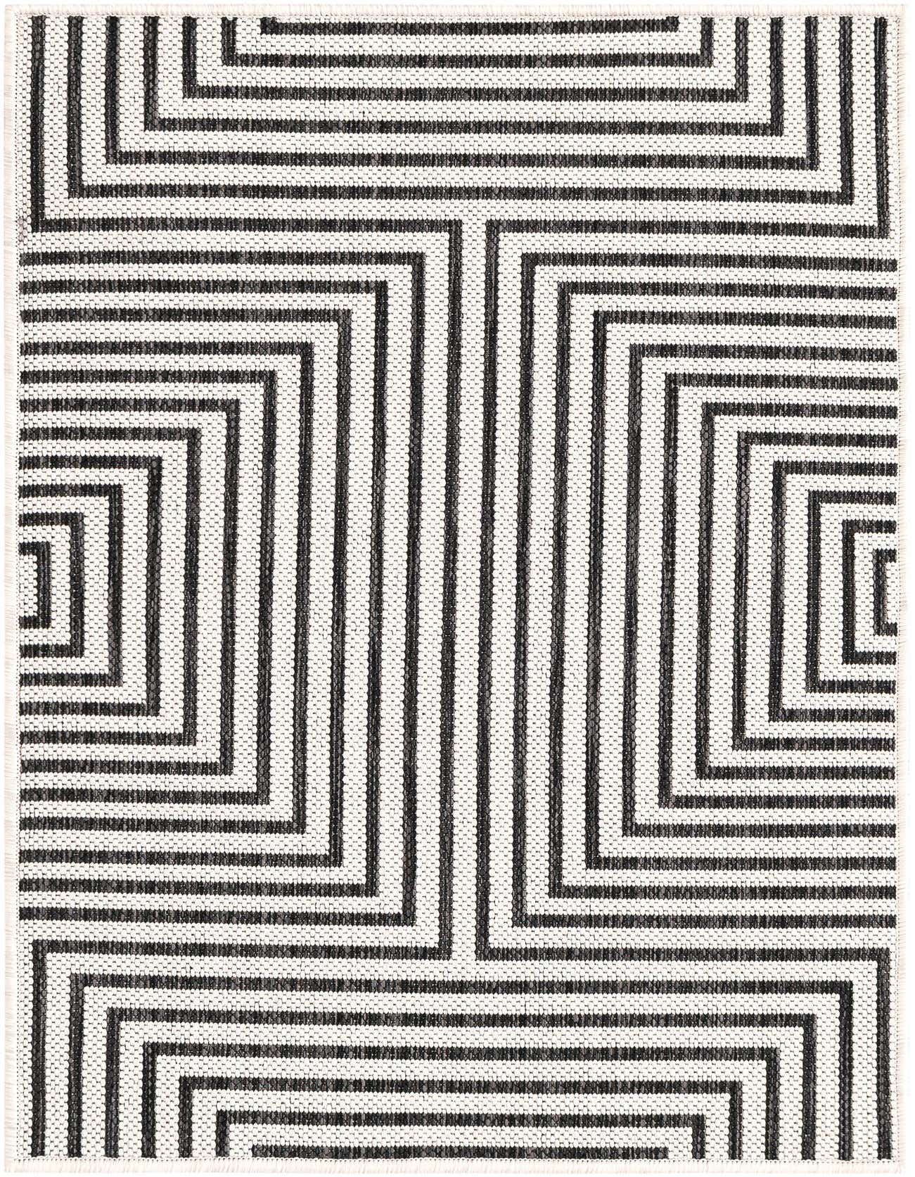 A 2x3 rectangular black and white contemporary flatweave rug with a bold geometric stripe pattern, suitable for indoor or outdoor use.