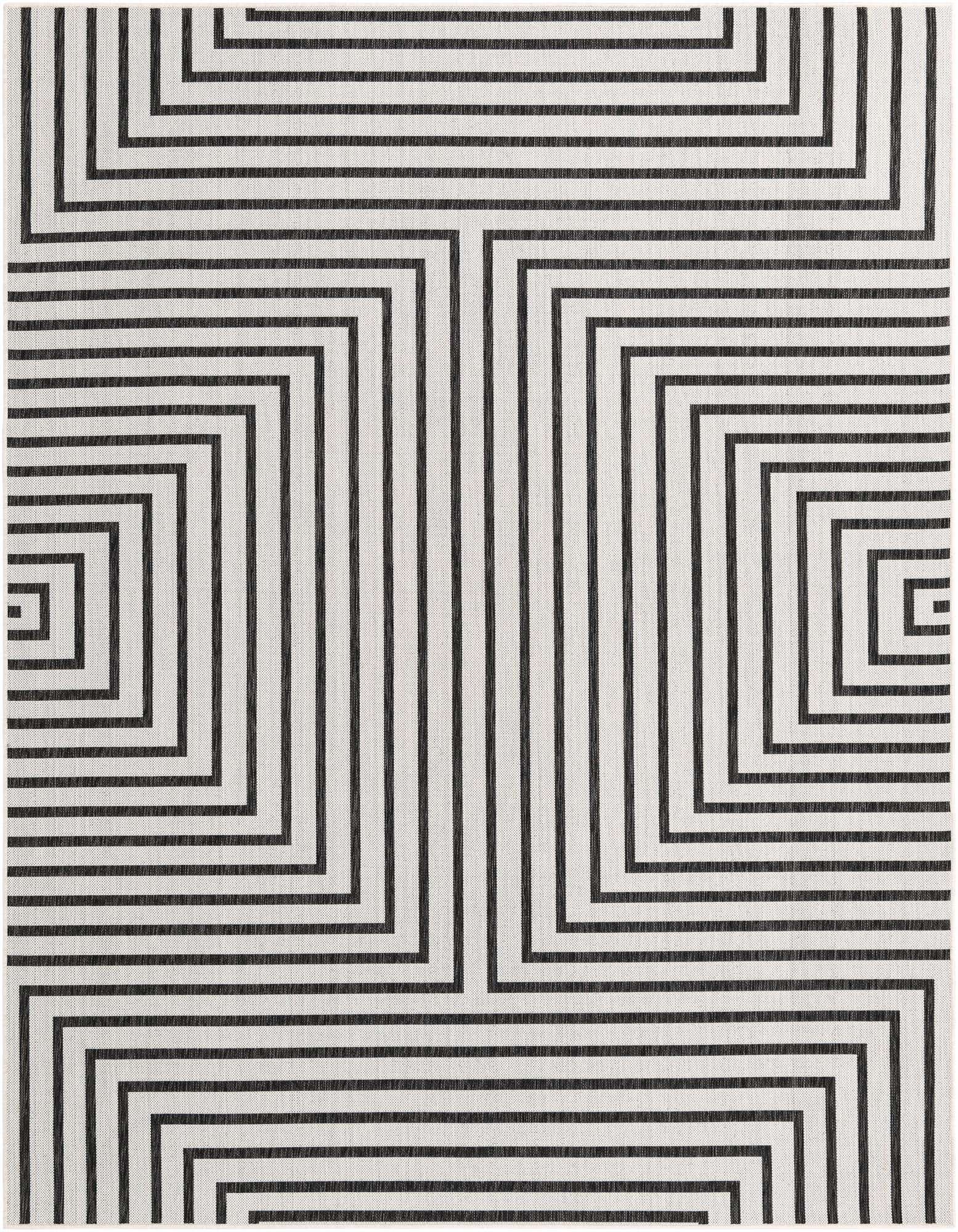 8x10 rectangular black and white contemporary rug with a bold geometric stripe pattern, suitable for indoor or outdoor use.