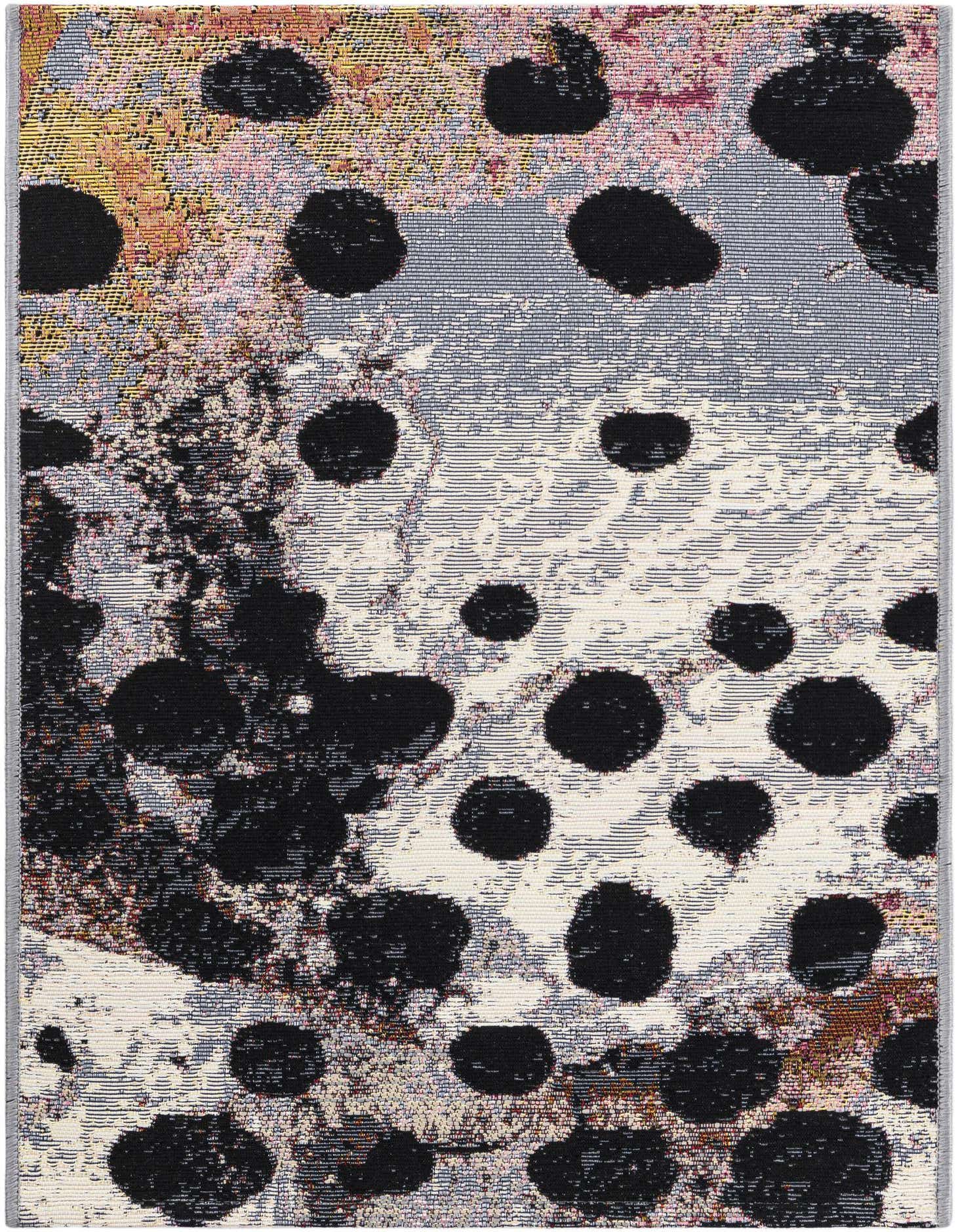 A 2x3 rectangular Rugs.com Outdoor Modern rug featuring a bold abstract pattern of large black spots over a textured background of ivories, creams, and subtle hints of color.