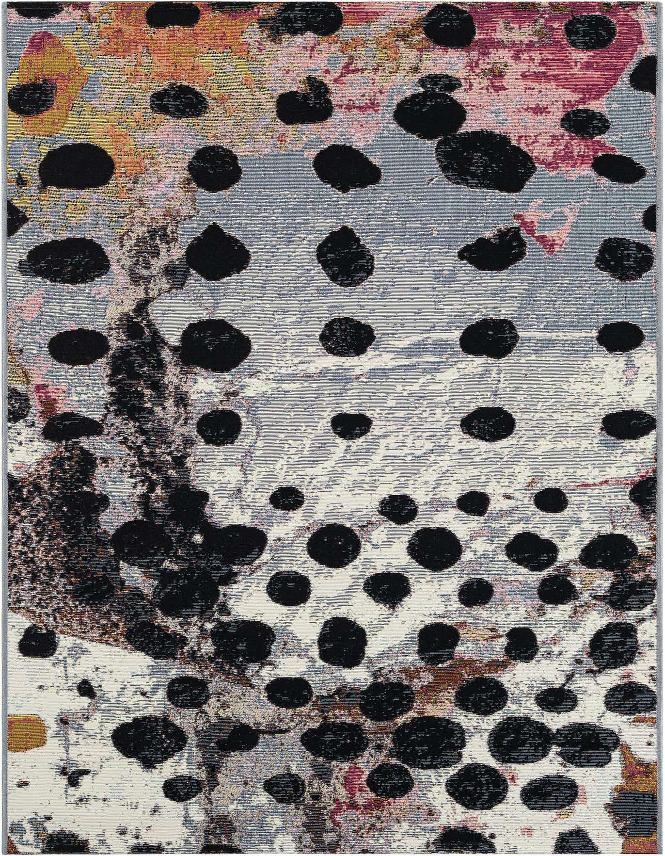 A 4x6 rectangular indoor/outdoor rug featuring an abstract pattern of black spots over a textured background of ivories, creams, and subtle pastels.