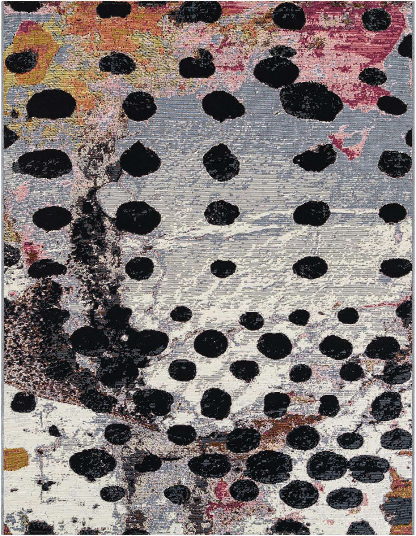 A 5x8 rectangular black and white modern abstract rug with large, irregular black polka dots on a textured ivory and cream background, suitable for indoor or outdoor use.