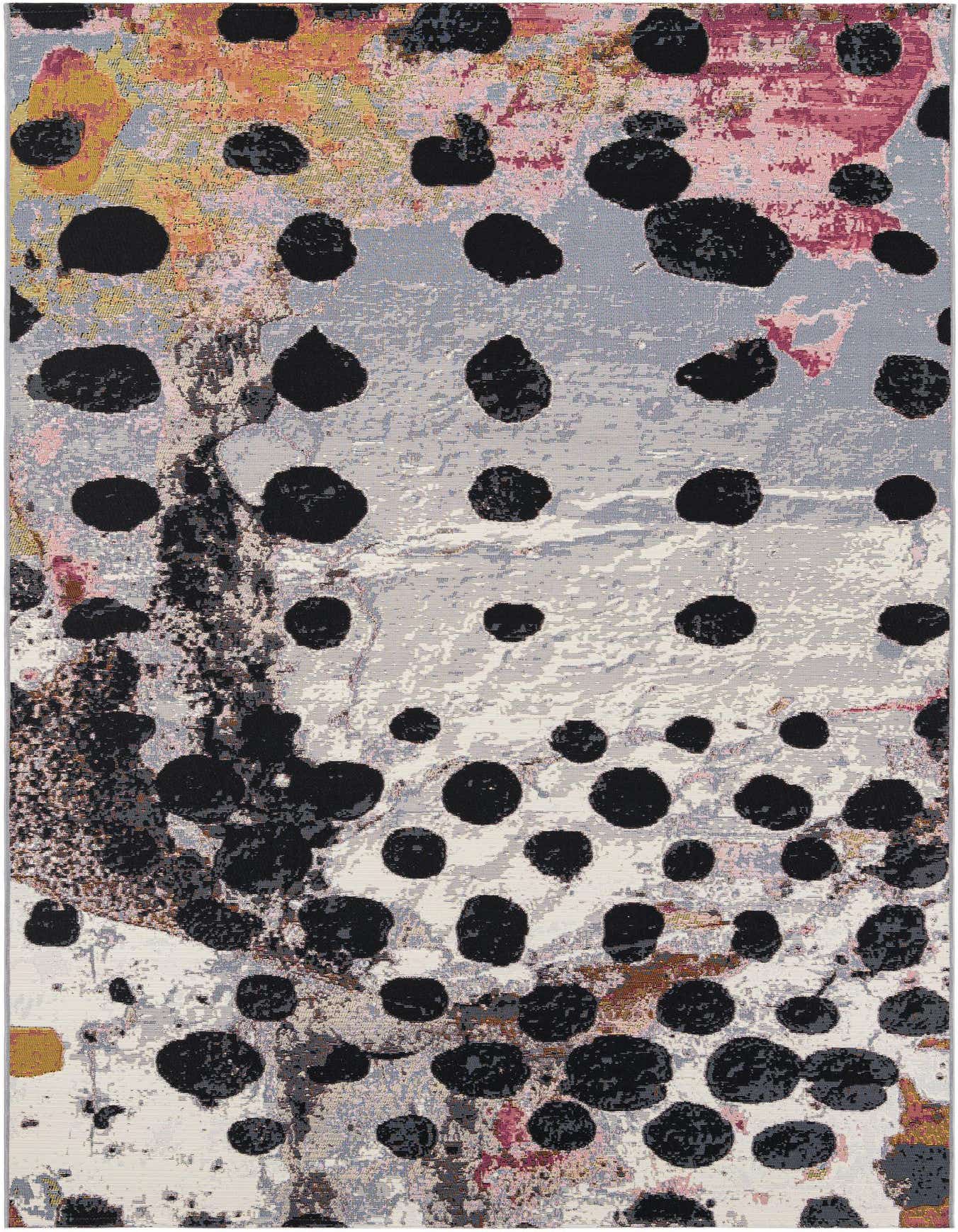 A 6x9 rectangular modern abstract rug featuring large black irregular spots over a textured background of ivories, creams, and subtle pastels.
