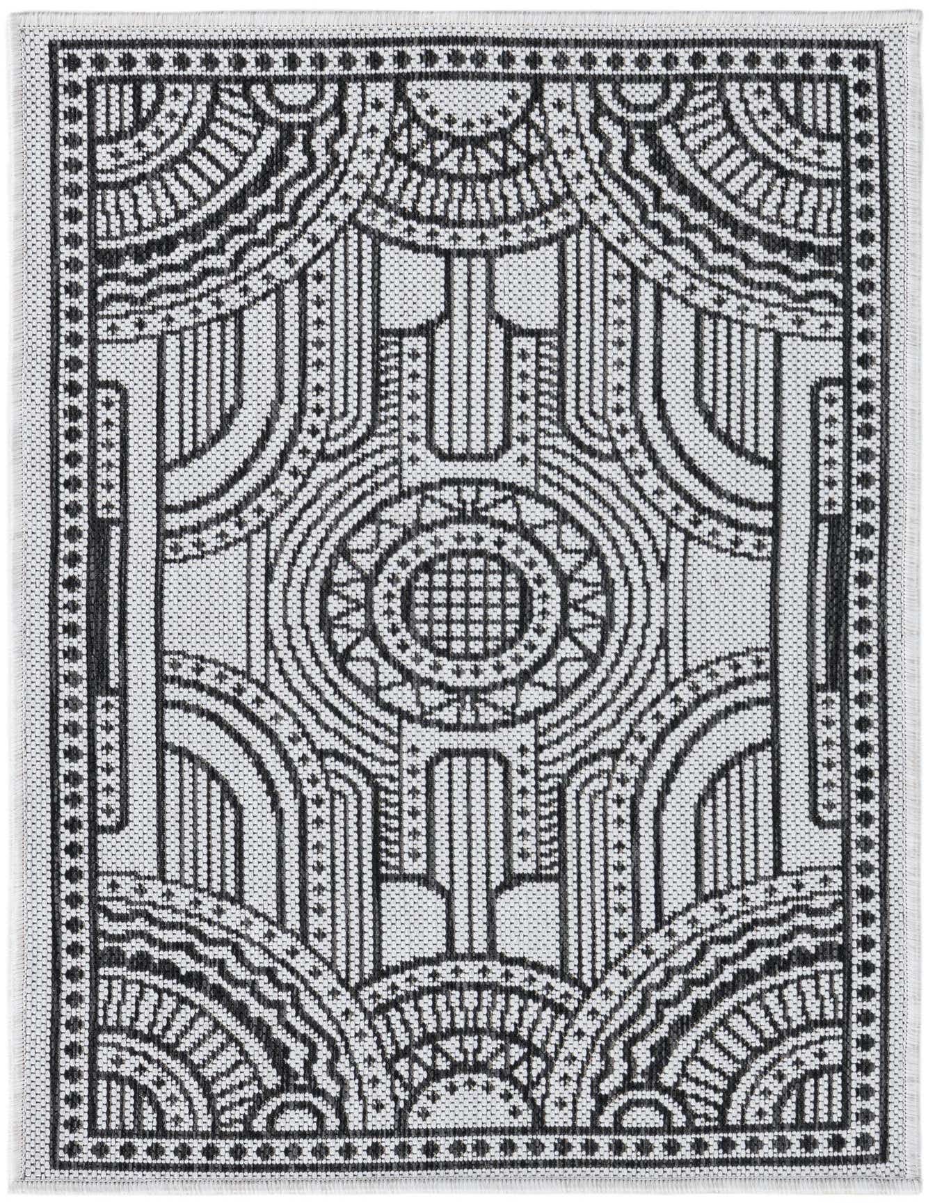 A 2x3 rectangular black and white flatweave rug with a detailed contemporary medallion pattern, suitable for indoor or outdoor use.