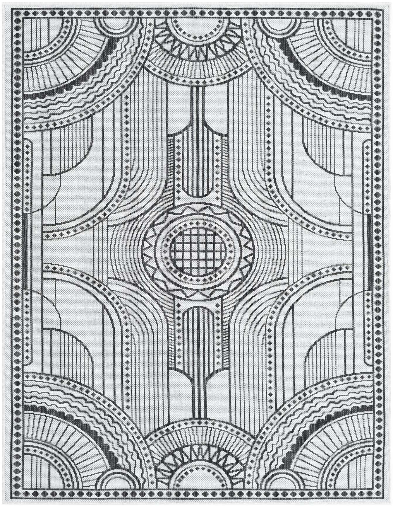 A 4x6 rectangular black and white rug with a contemporary medallion pattern, featuring intricate geometric and arched designs.