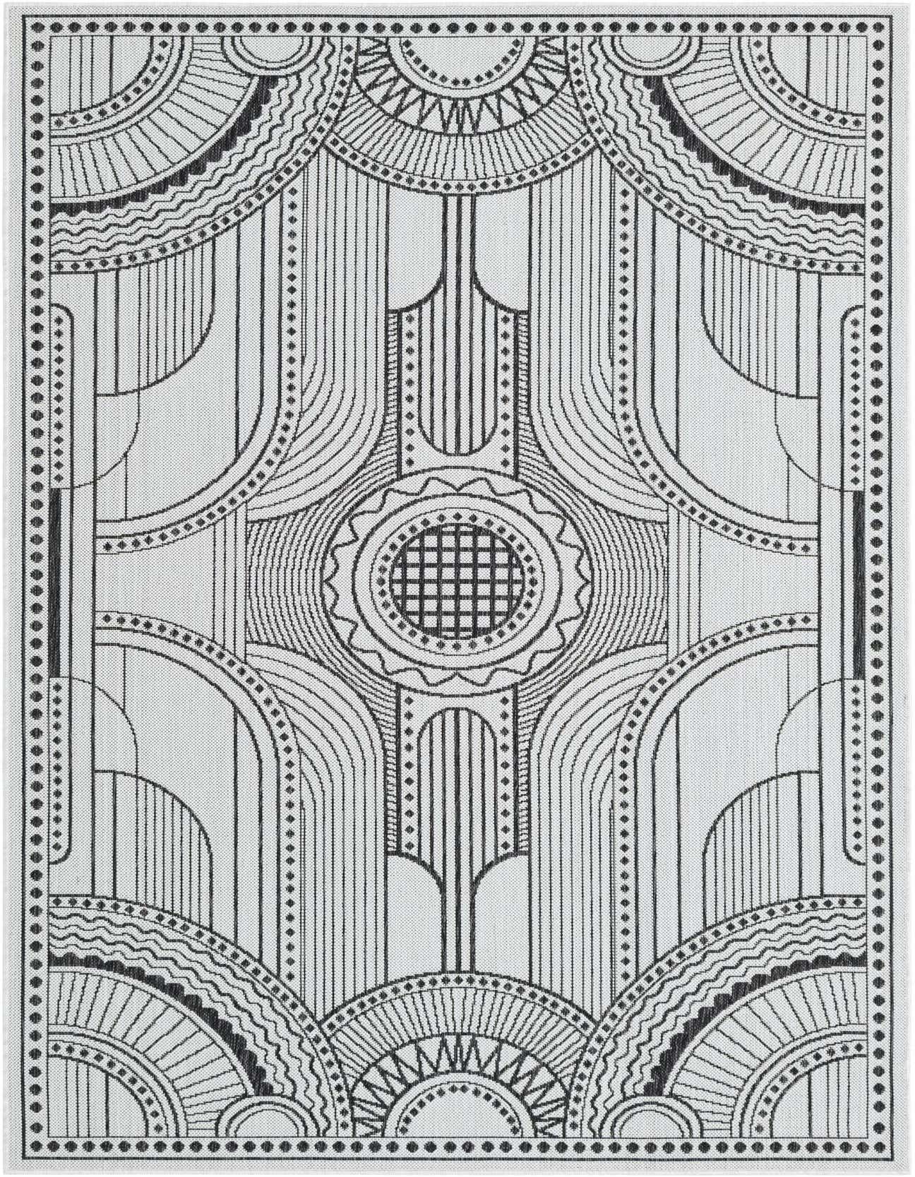 A 5x8 rectangular black and ivory flatweave rug with a contemporary medallion and geometric pattern, ideal for indoor or outdoor spaces.