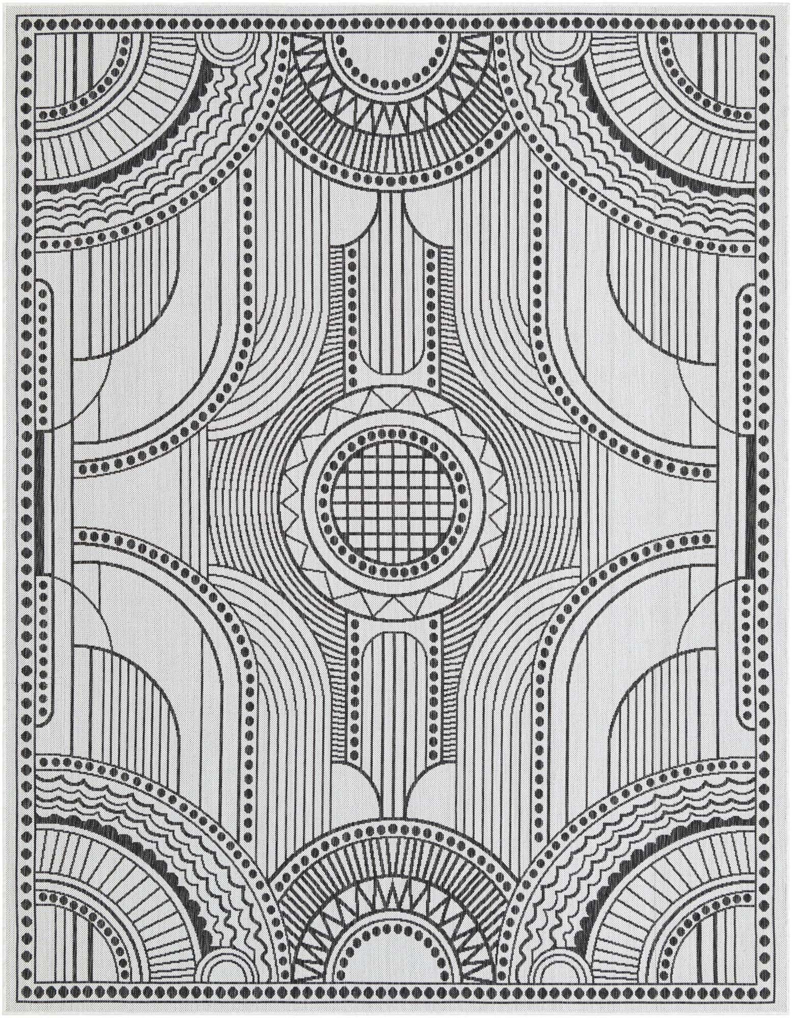 An 8x10 rectangular black and ivory contemporary rug with a medallion and geometric pattern, ideal for indoor or outdoor spaces.