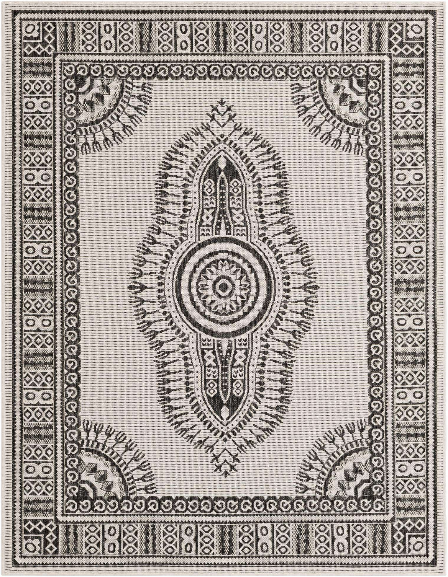 A 5x7 rectangular black and ivory outdoor rug with a central medallion and intricate border design.