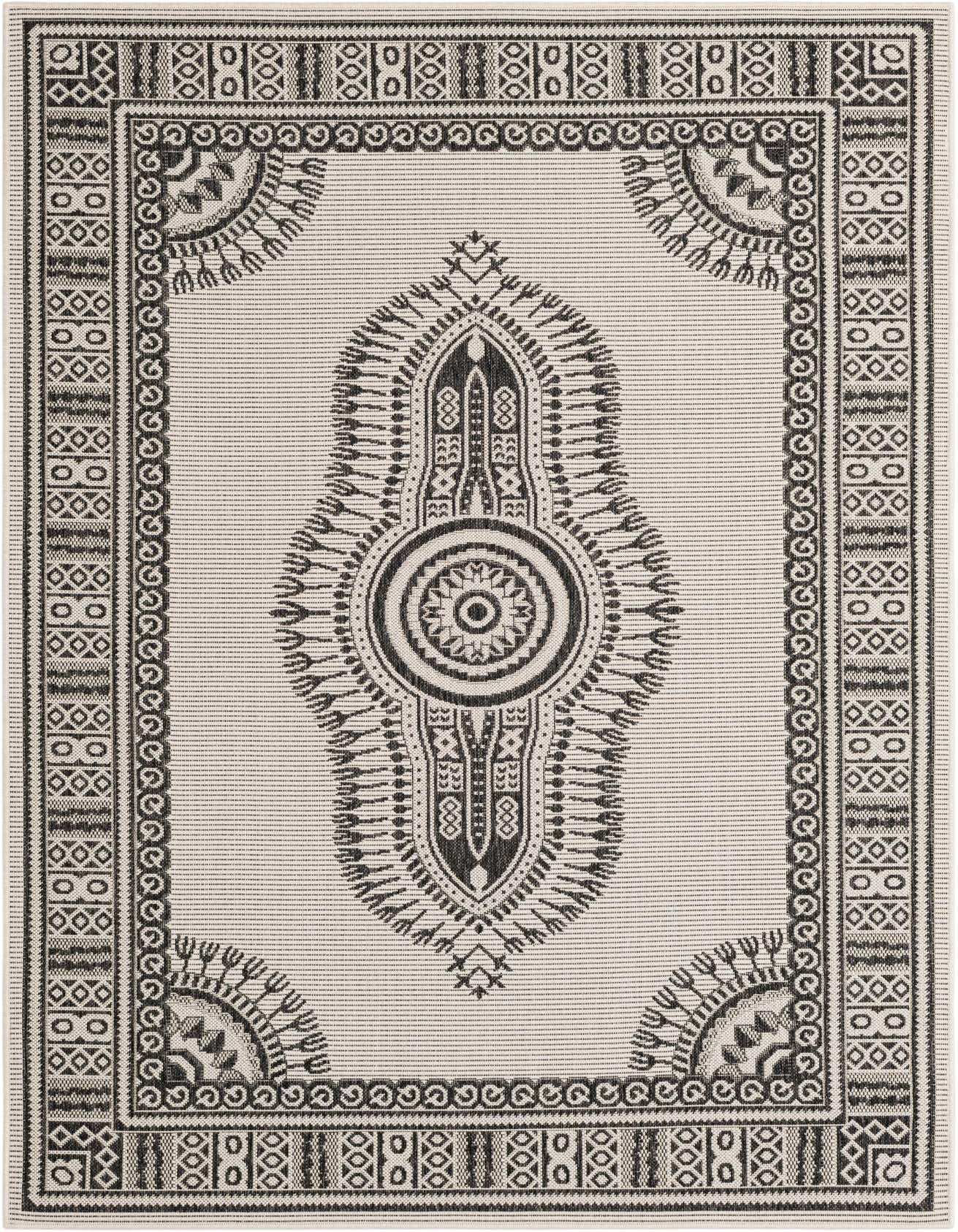 A 5x8 rectangular black and ivory traditional medallion rug with a flatweave texture, suitable for indoor or outdoor use.