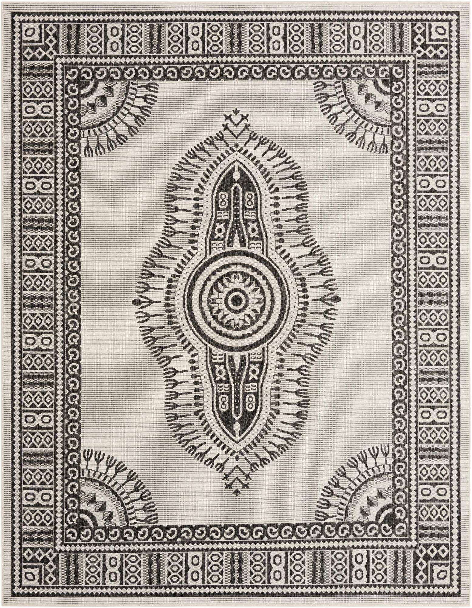 An 8x10 rectangular black and ivory traditional medallion rug with a detailed border, suitable for indoor or outdoor use.