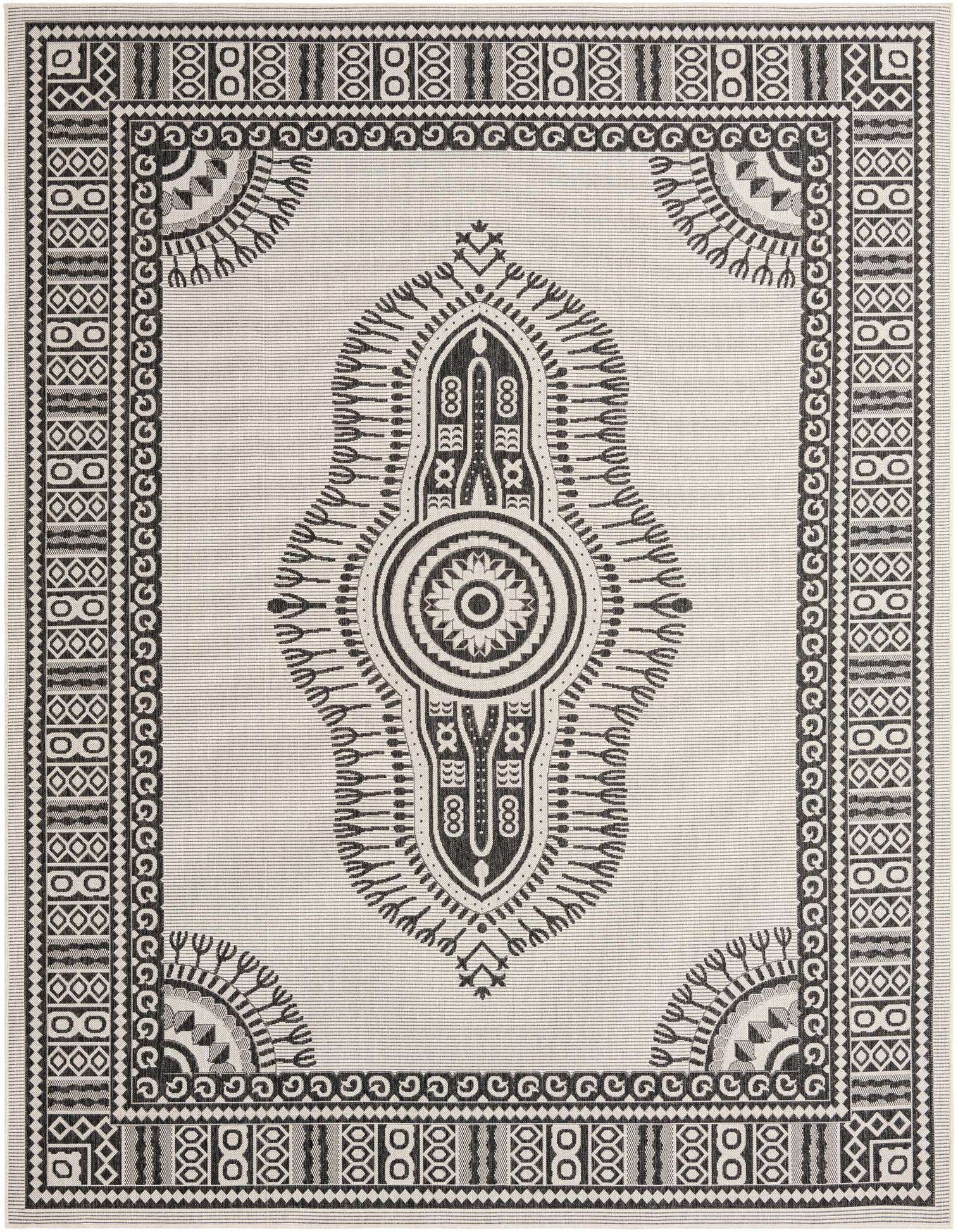 A 9x12 rectangular black and ivory outdoor rug with a central medallion and intricate traditional border pattern.