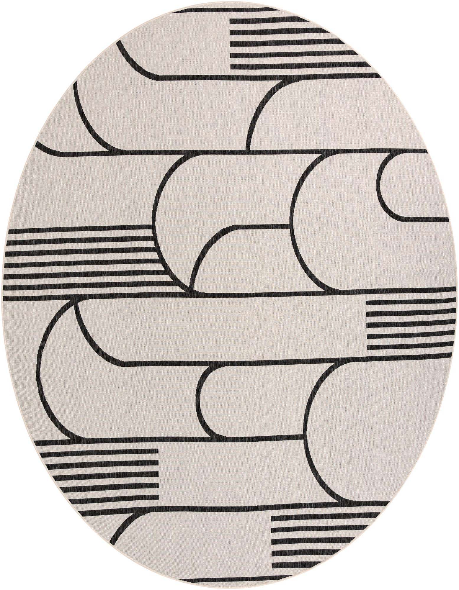 A 12' round indoor/outdoor rug featuring a modern geometric pattern of black lines and stripes on an ivory background.