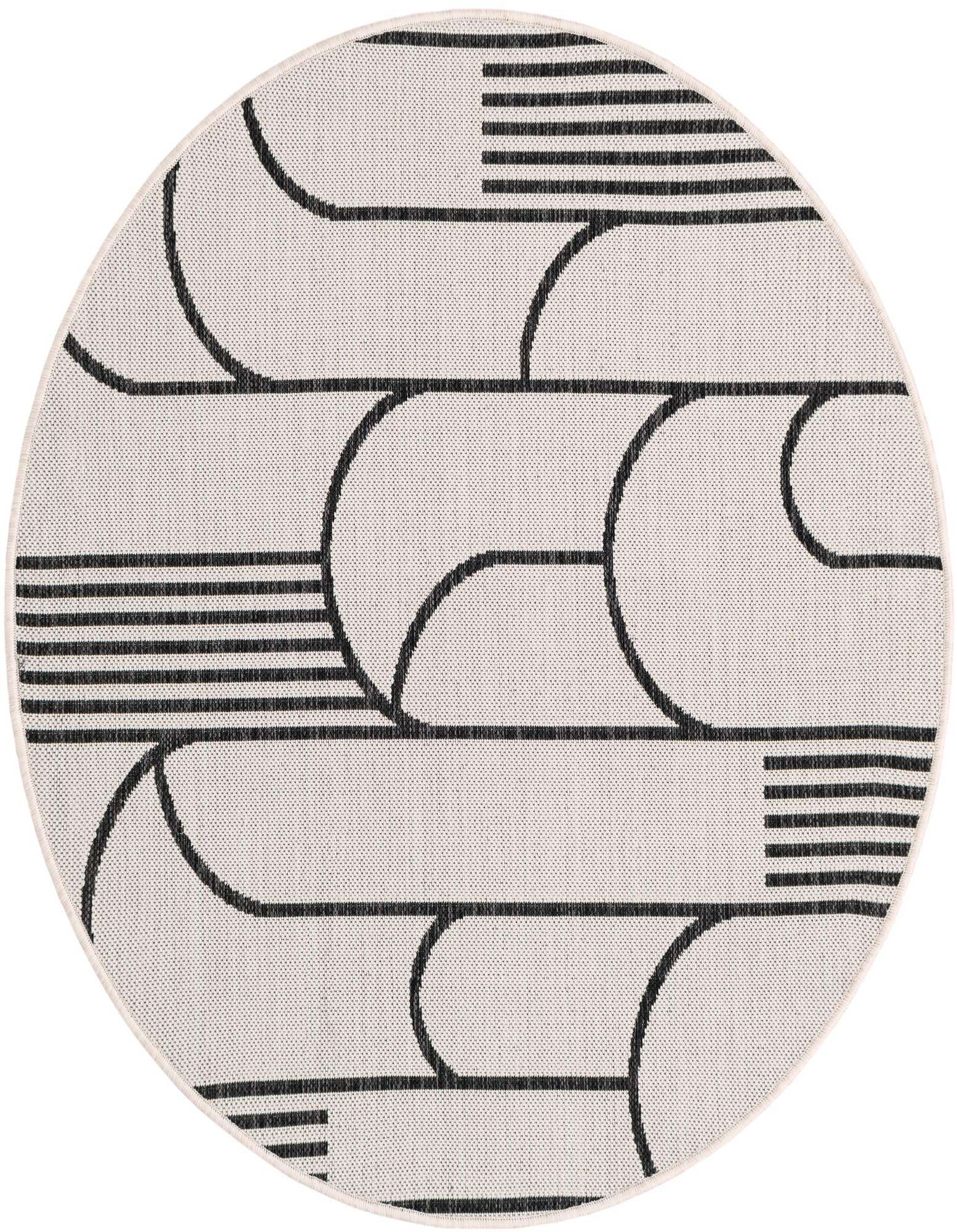 A 4' round indoor/outdoor rug with a modern black and ivory geometric stripe pattern, ideal for a patio.