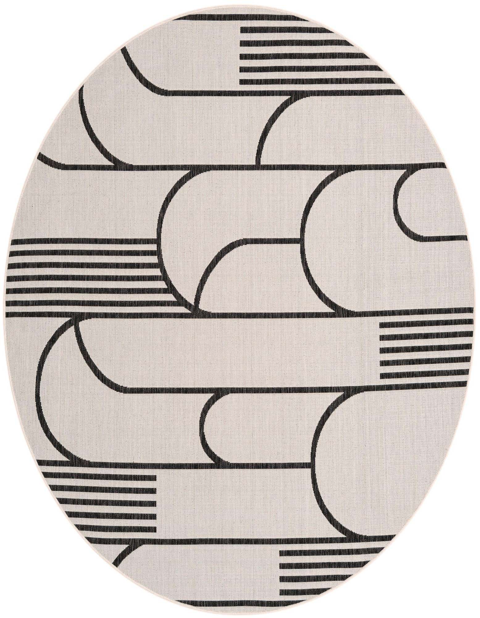 A round 7' 10 x 7' 10 indoor/outdoor rug with a modern black and ivory geometric stripe pattern, suitable for a patio.