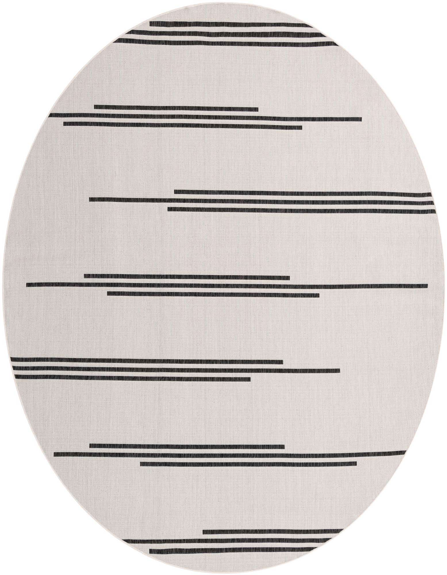 A 10-foot round black and ivory modern outdoor rug with horizontal stripes of varying lengths, suitable for a patio.