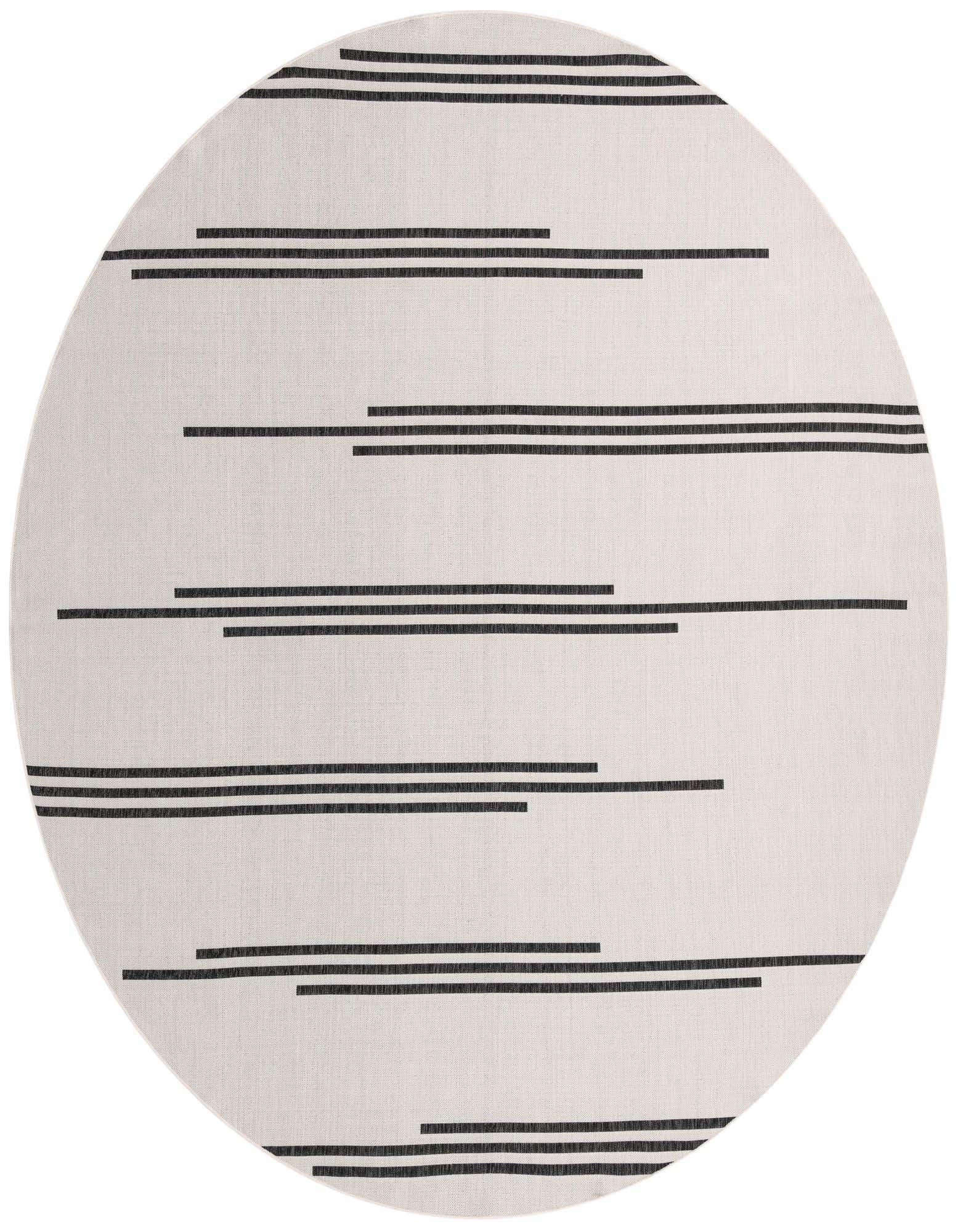 A 12' round indoor/outdoor rug with a minimalist black stripe pattern on an ivory background, ideal for a patio.