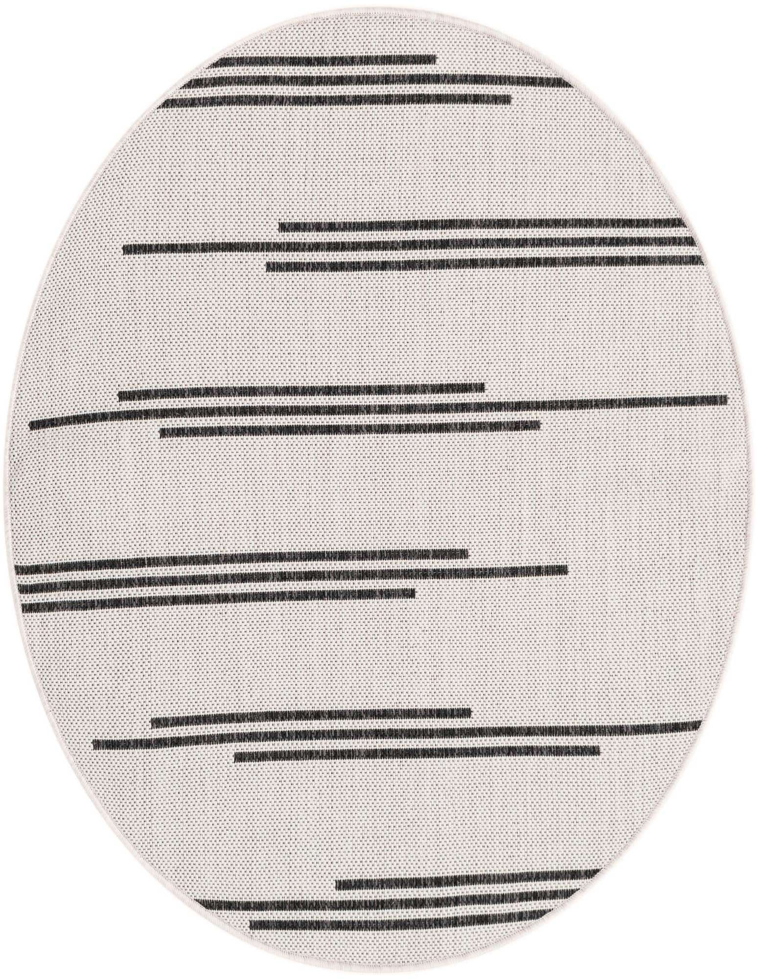 A 3' round black and ivory contemporary rug with horizontal stripe patterns, suitable for indoor or outdoor use.