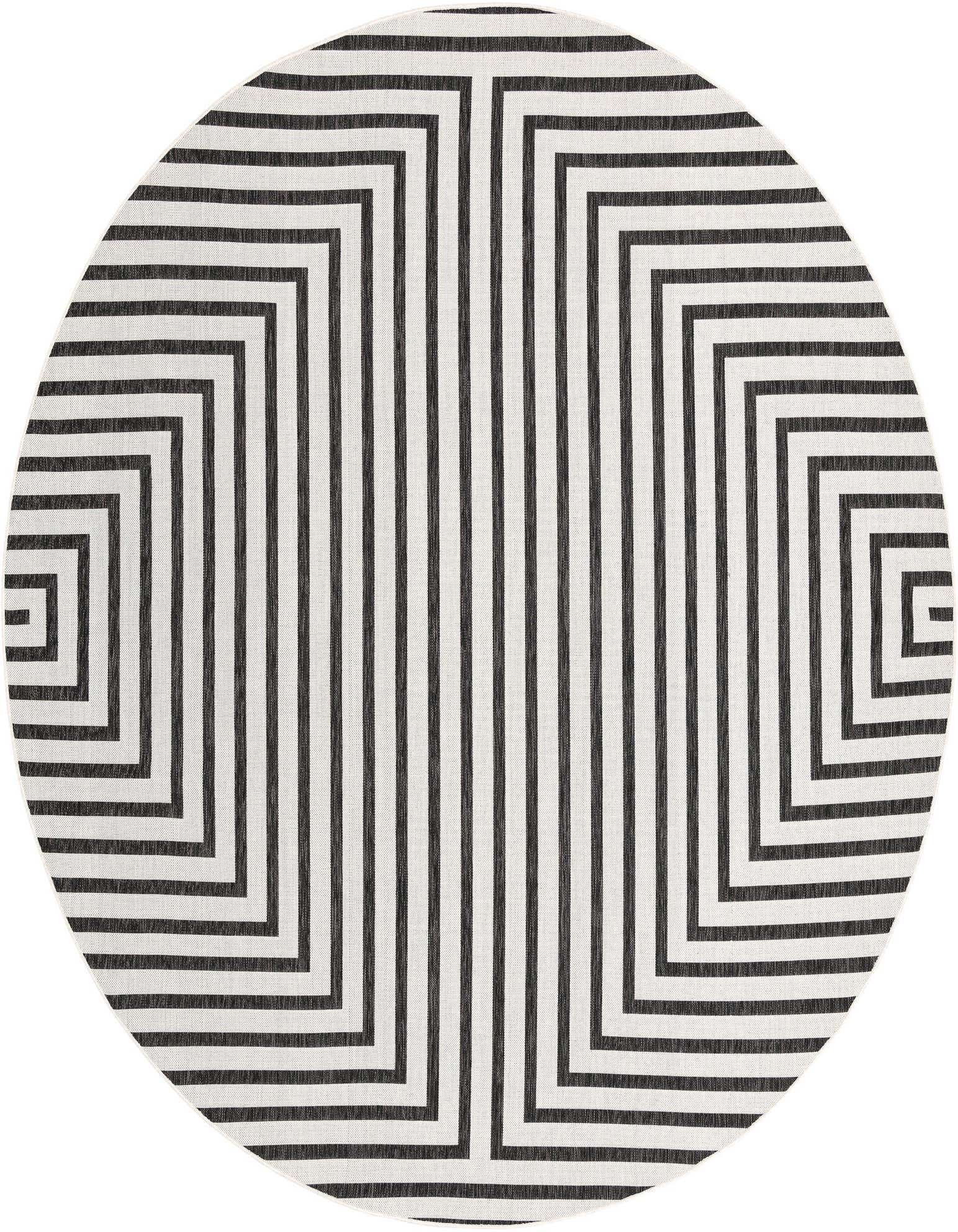 A 10' round black and white contemporary rug with a bold geometric stripe pattern, suitable for indoor or outdoor use.