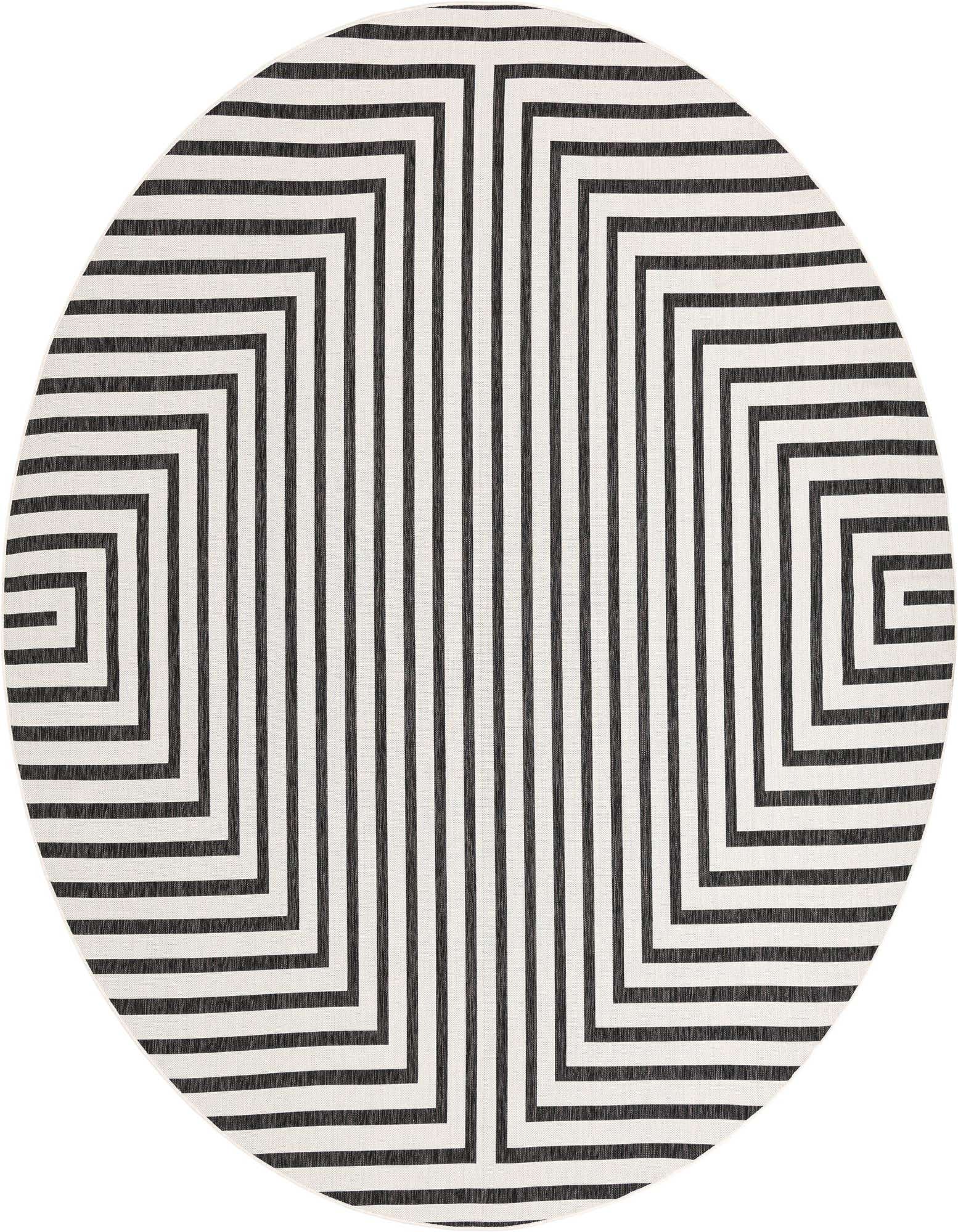 A 12' round black and white striped rug with a bold contemporary geometric pattern, suitable for indoor or outdoor use.