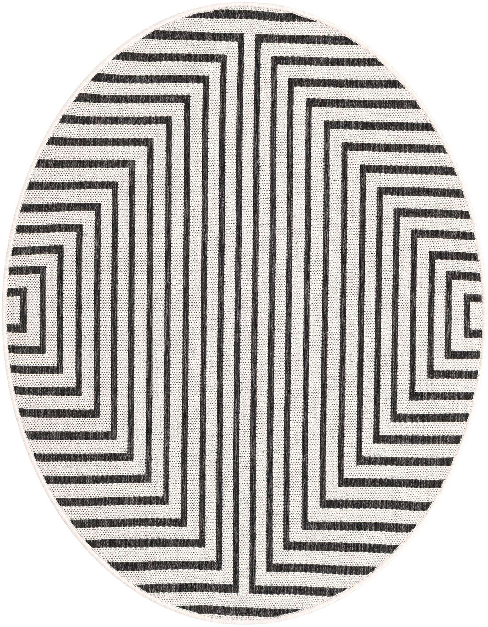 A 4' round black and ivory modern geometric striped rug with a flatweave texture, suitable for indoor or outdoor use.