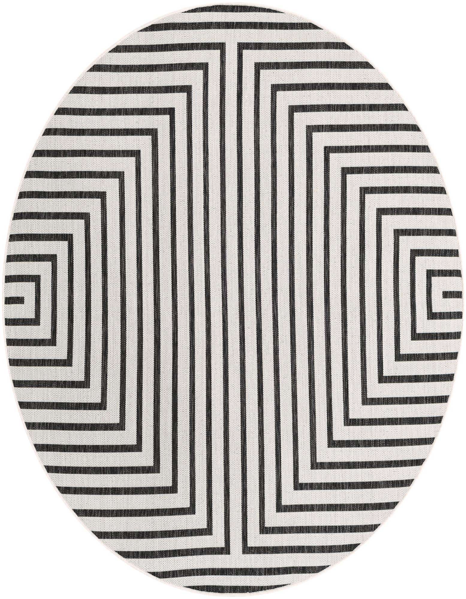 A 6' round black and white contemporary rug with a bold geometric stripe pattern, suitable for indoor or outdoor use.
