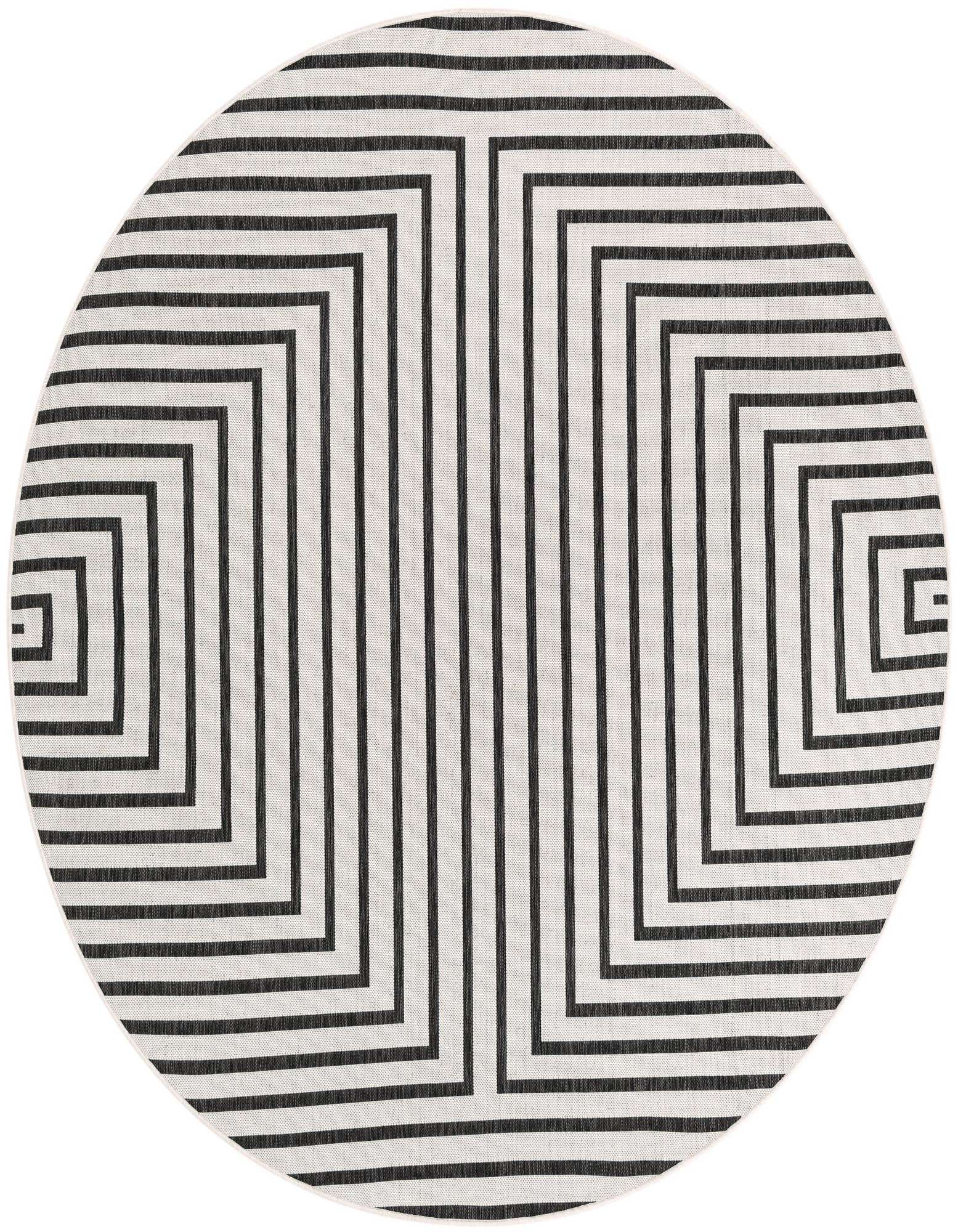 A round black and white striped rug with a modern geometric pattern, suitable for indoor or outdoor use.