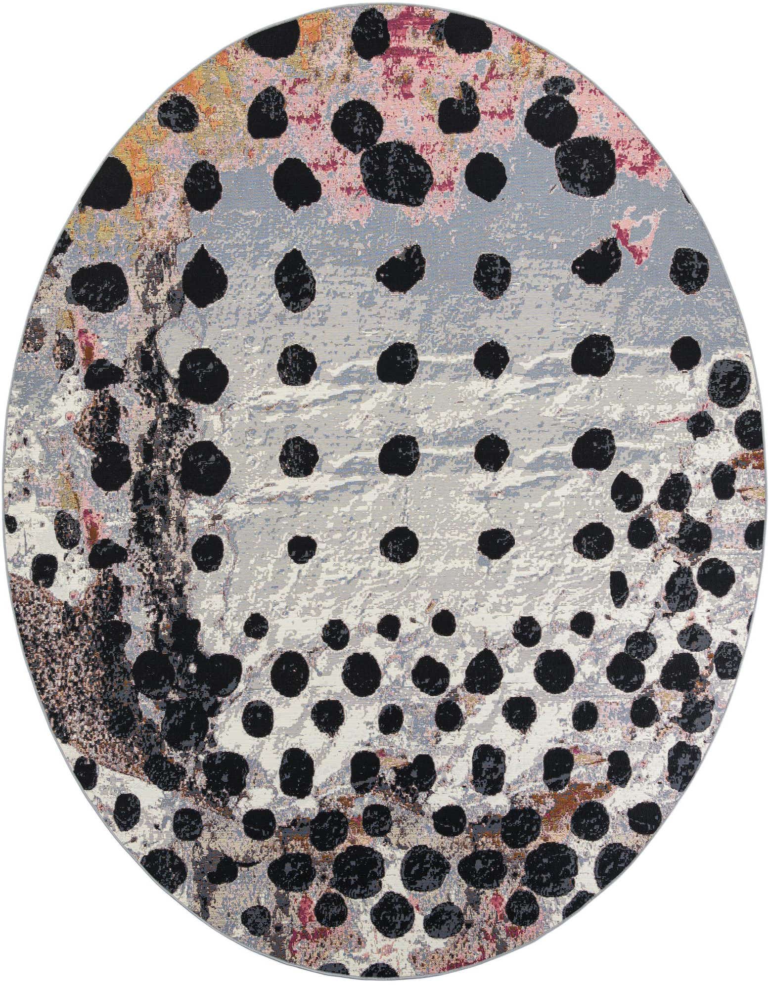 Rugs.com Outdoor Modern 10' round rug with an abstract pattern of black spots on a textured ivory and grey background with hints of pink and yellow.
