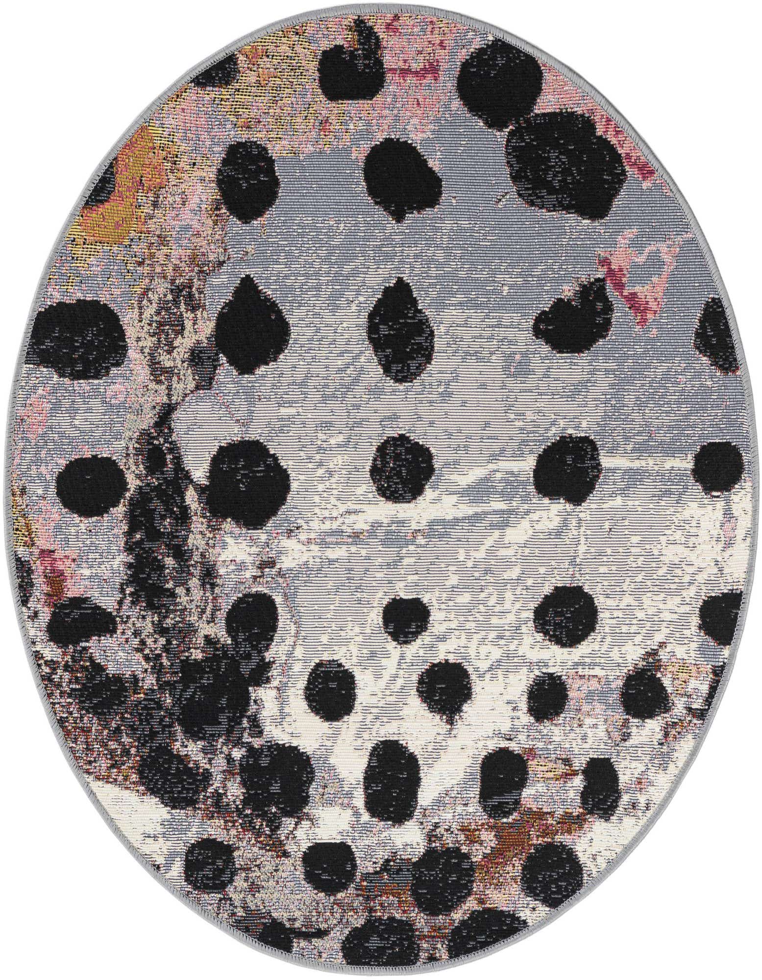 A 3' round black, ivory, and white modern abstract rug with large black spots and textured flatweave.