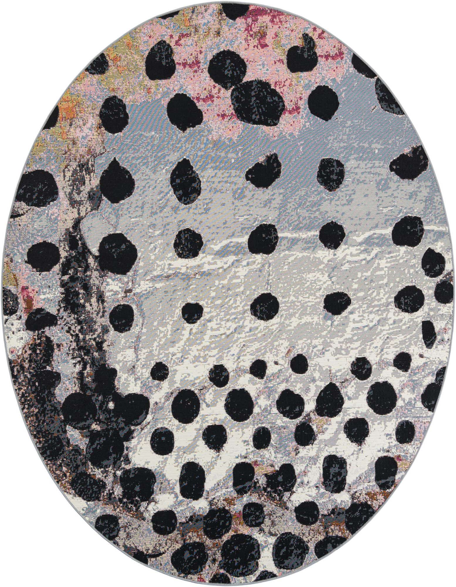 A 7' 10 round modern abstract rug with black spots on a textured ivory, cream, and light blue background, suitable for indoor or outdoor use.
