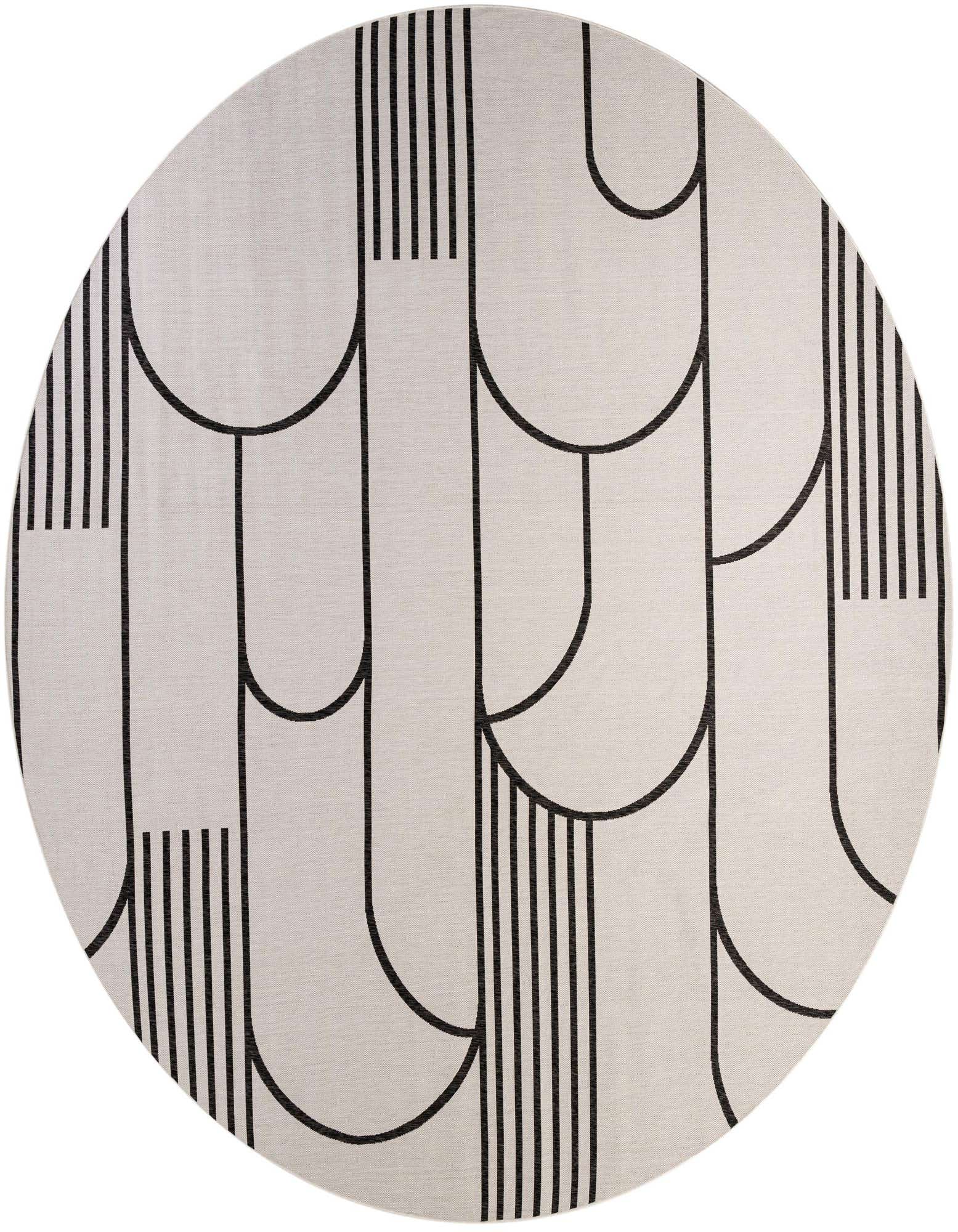 A 13' round black and ivory modern geometric rug with a pattern of vertical lines and curved shapes.