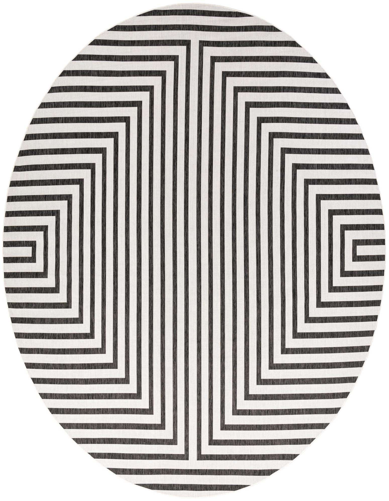 A 13' round black and white modern striped rug with a geometric pattern, suitable for indoor or outdoor use.