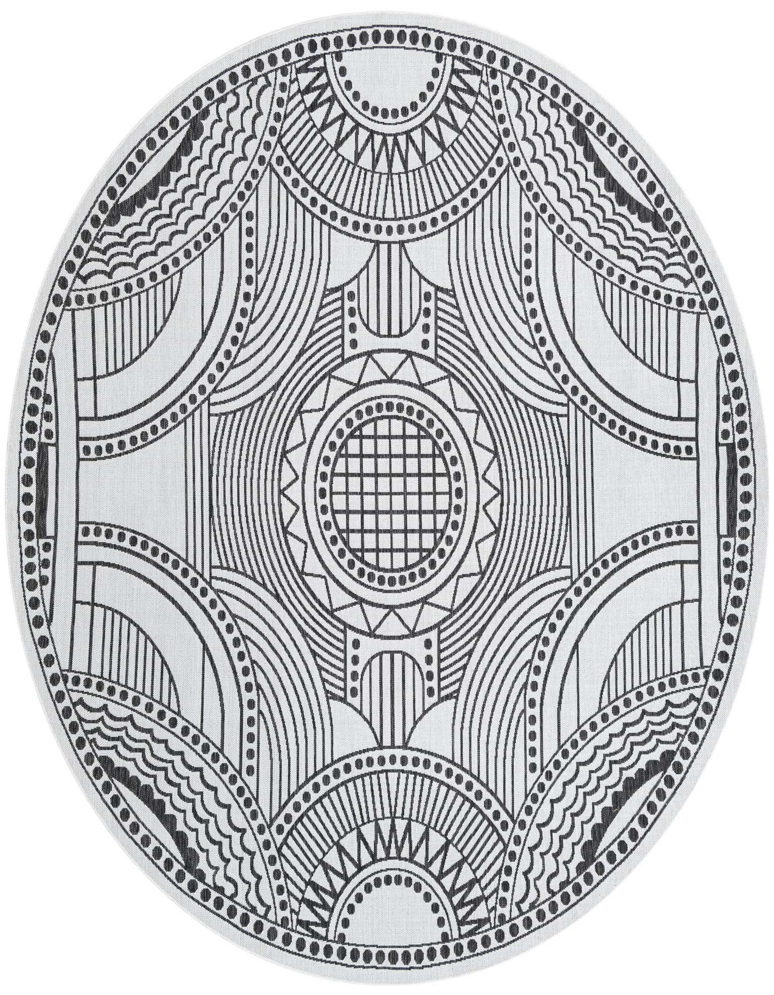 A 10' round black and ivory contemporary medallion rug with intricate geometric patterns, suitable for indoor or outdoor use.