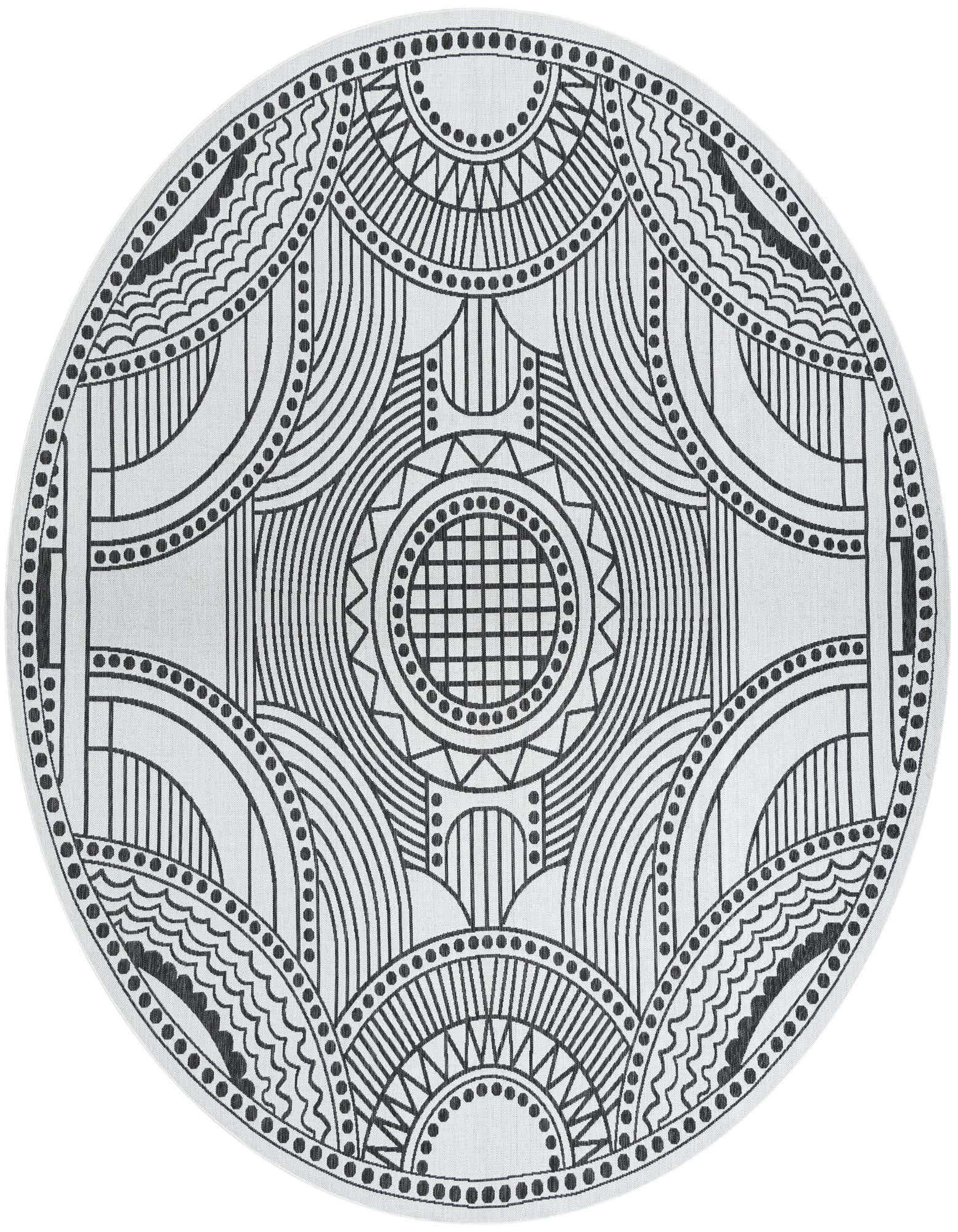 A 12' round black and white contemporary rug with an intricate medallion pattern, ideal for indoor or outdoor use.