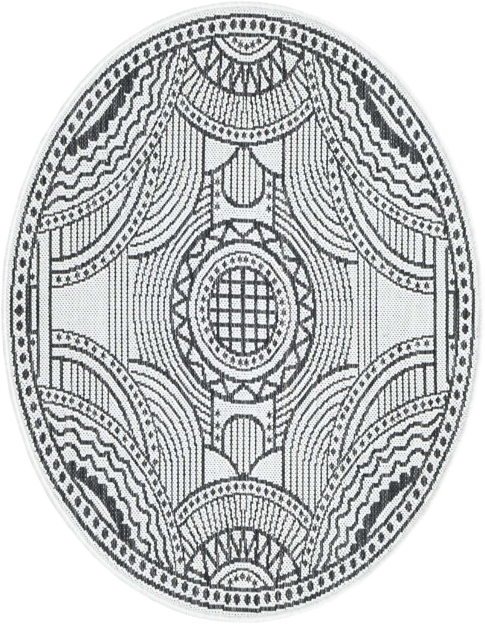A round black and white polypropylene rug with a contemporary medallion pattern, suitable for indoor or outdoor use.
