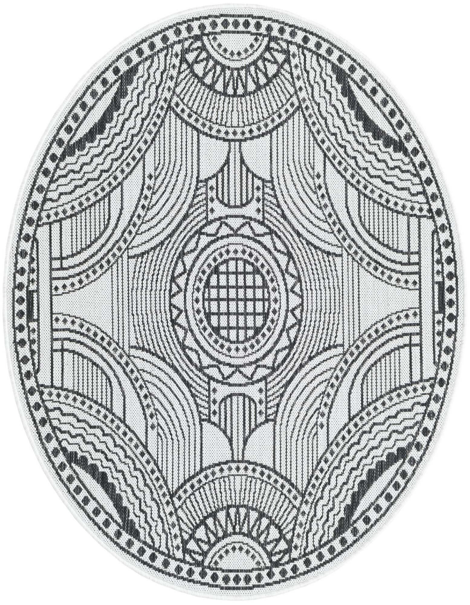 A 4' 1 x 4' 1 round black and ivory contemporary medallion rug with a flatweave texture, suitable for indoor/outdoor use.