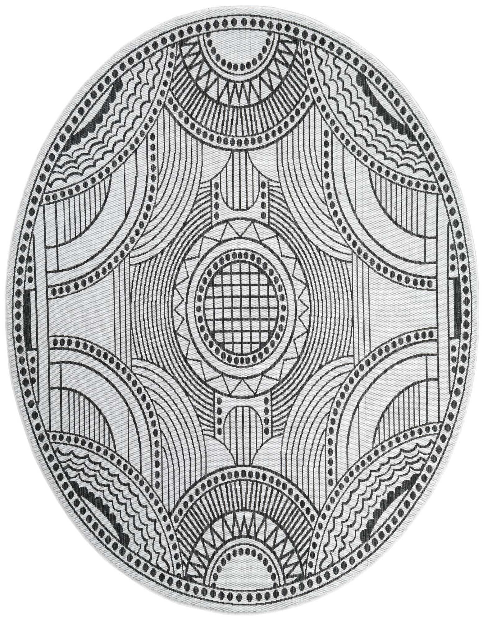 A round 7' 10" black and ivory rug with a contemporary medallion pattern, suitable for indoor or outdoor use.