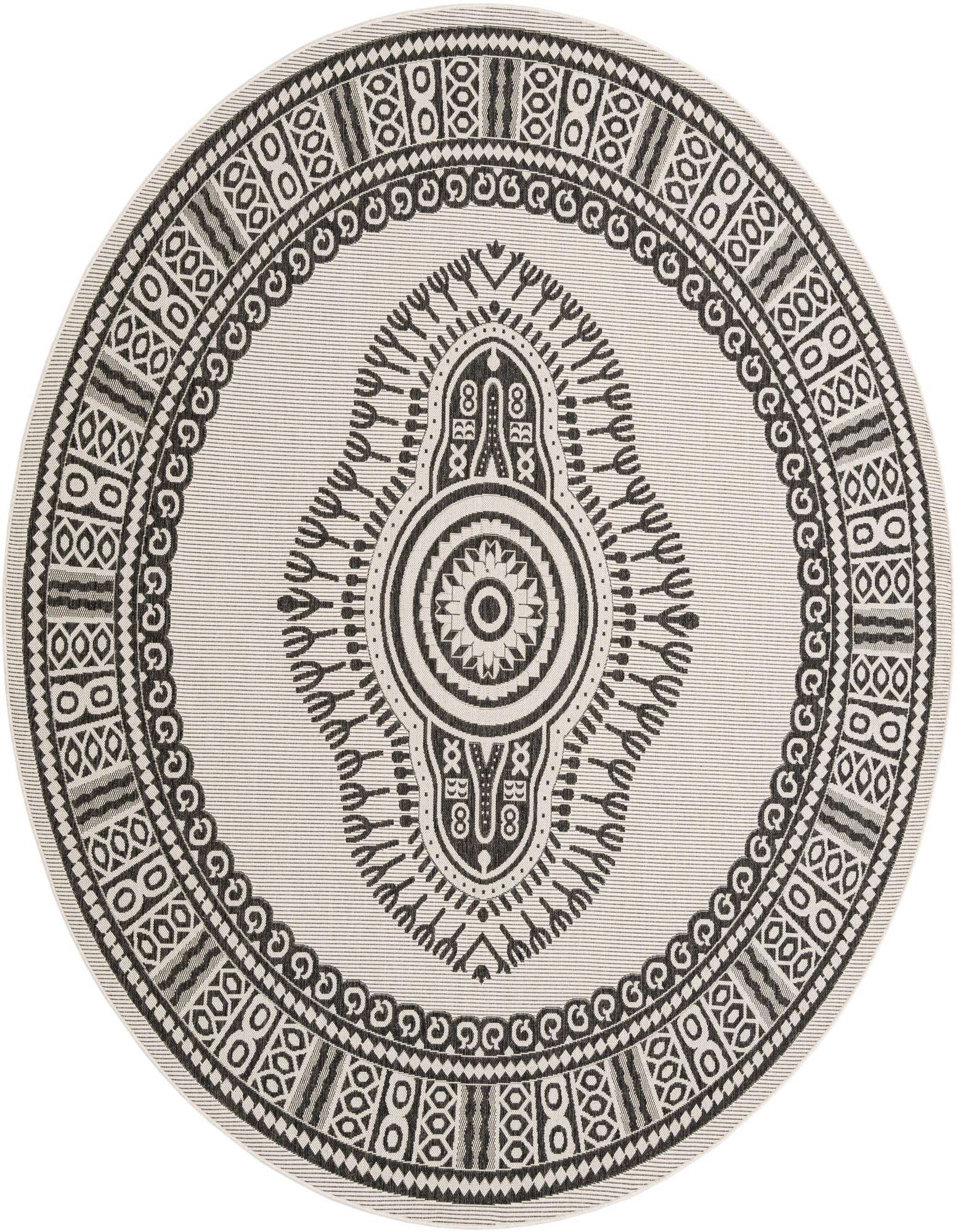 A 10' round black and ivory flatweave rug with a detailed medallion and border pattern, suitable for indoor or outdoor use.