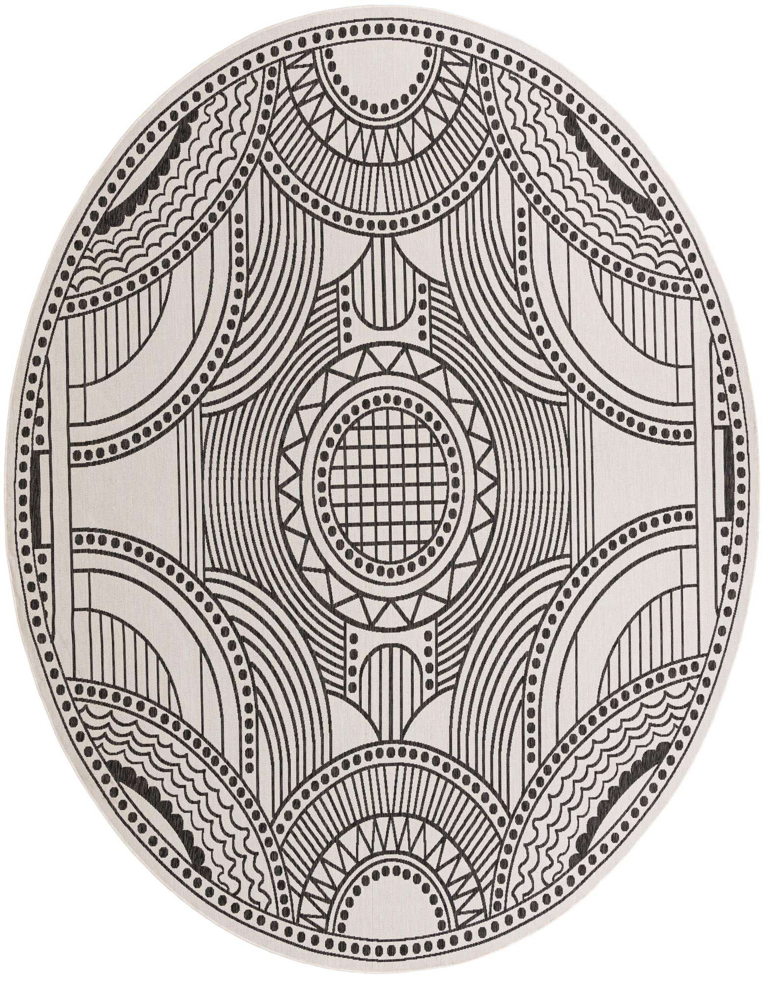 A 13-foot round black and ivory modern rug with intricate geometric patterns, suitable for indoor or outdoor use.