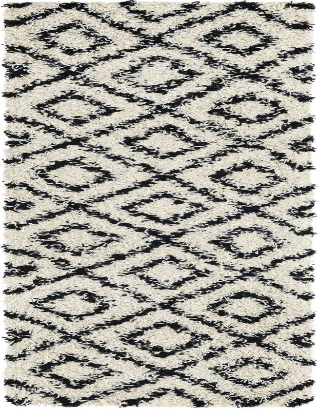 A 7 ft runner rug in black and ivory with a modern geometric lattice pattern and textured high/low pile.
