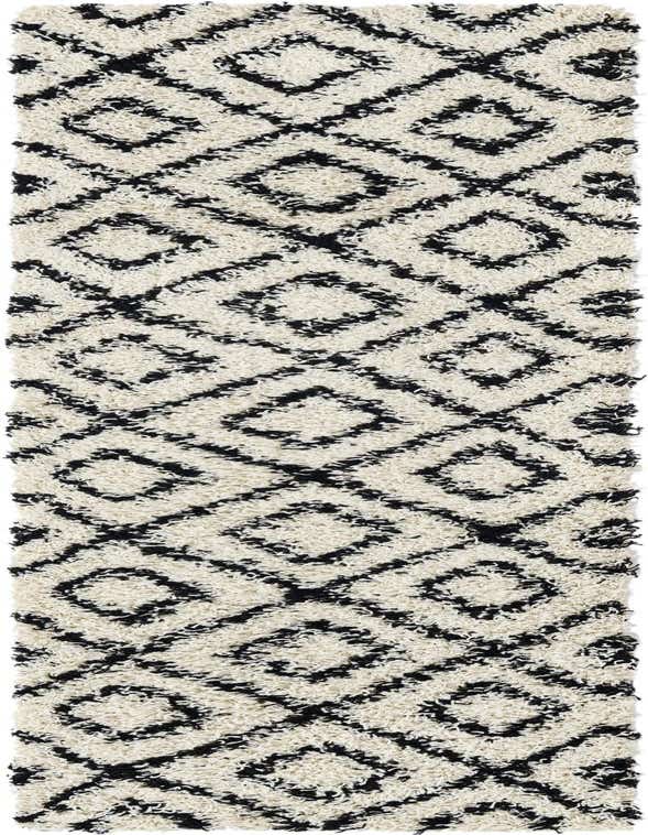A black and ivory modern shag runner rug with a diamond lattice pattern, ideal for a hallway.