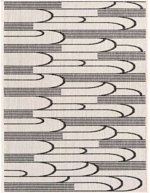 An 8 ft runner rug with a modern black and ivory geometric stripe pattern, ideal for a hallway or patio.