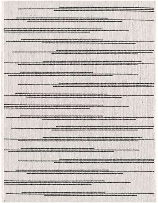 A black and ivory striped runner rug with a modern, minimalist design, ideal for a hallway or patio.