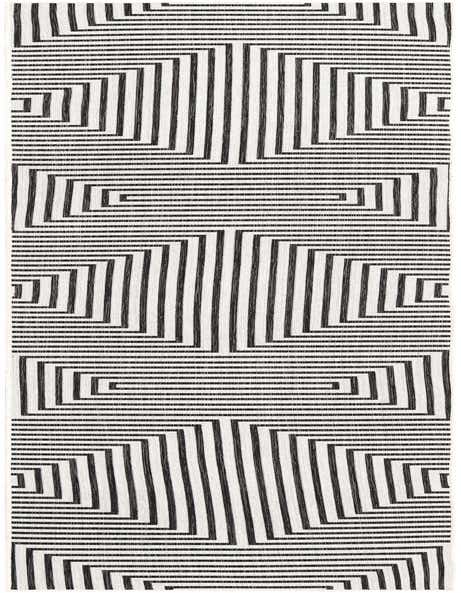 A 12 ft runner rug featuring a bold black and white contemporary geometric stripe pattern, ideal for a hallway or patio.