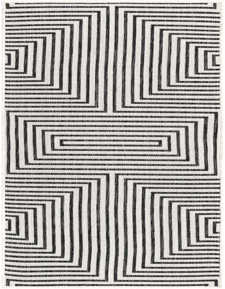 A 5 ft runner rug with a bold black and white geometric stripe pattern, ideal for a modern hallway or outdoor patio.