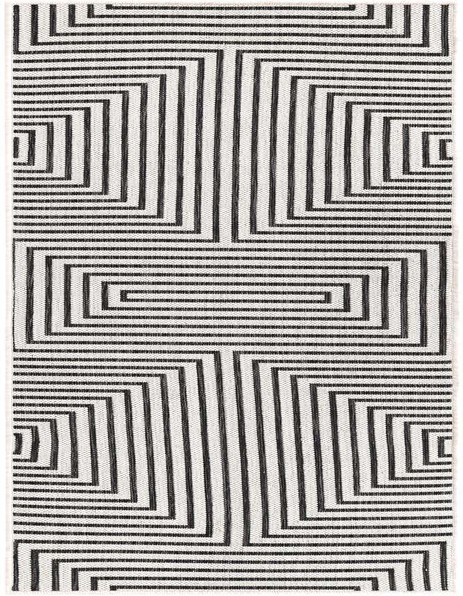 A 6 ft runner rug featuring a bold black and white contemporary geometric stripe pattern, ideal for a hallway or patio.