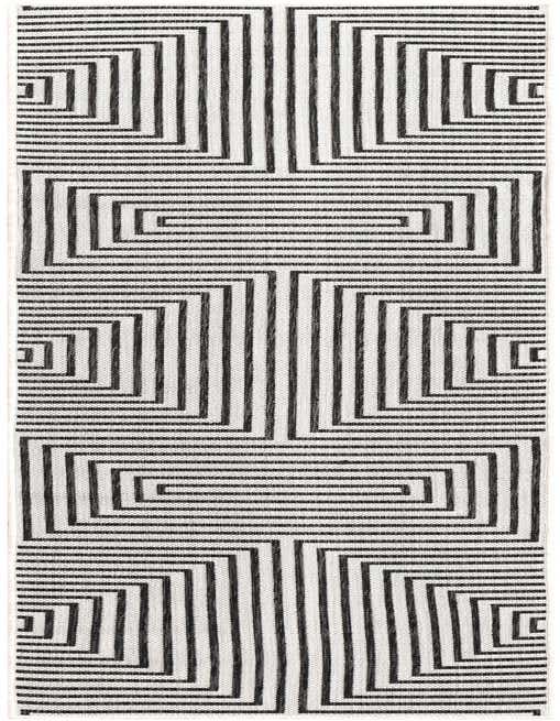 A black and white 8 ft runner rug with a modern geometric stripe pattern, ideal for a hallway or patio.