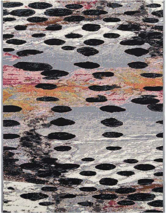 A 10 ft runner rug featuring a modern abstract pattern with black irregular spots over a textured background of ivories, creams, and subtle hints of pink and orange.