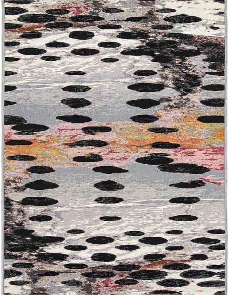 A 12 ft runner rug with a modern abstract pattern featuring large black spots on a background of ivories, creams, and subtle hints of orange and pink, ideal for a hallway or patio.