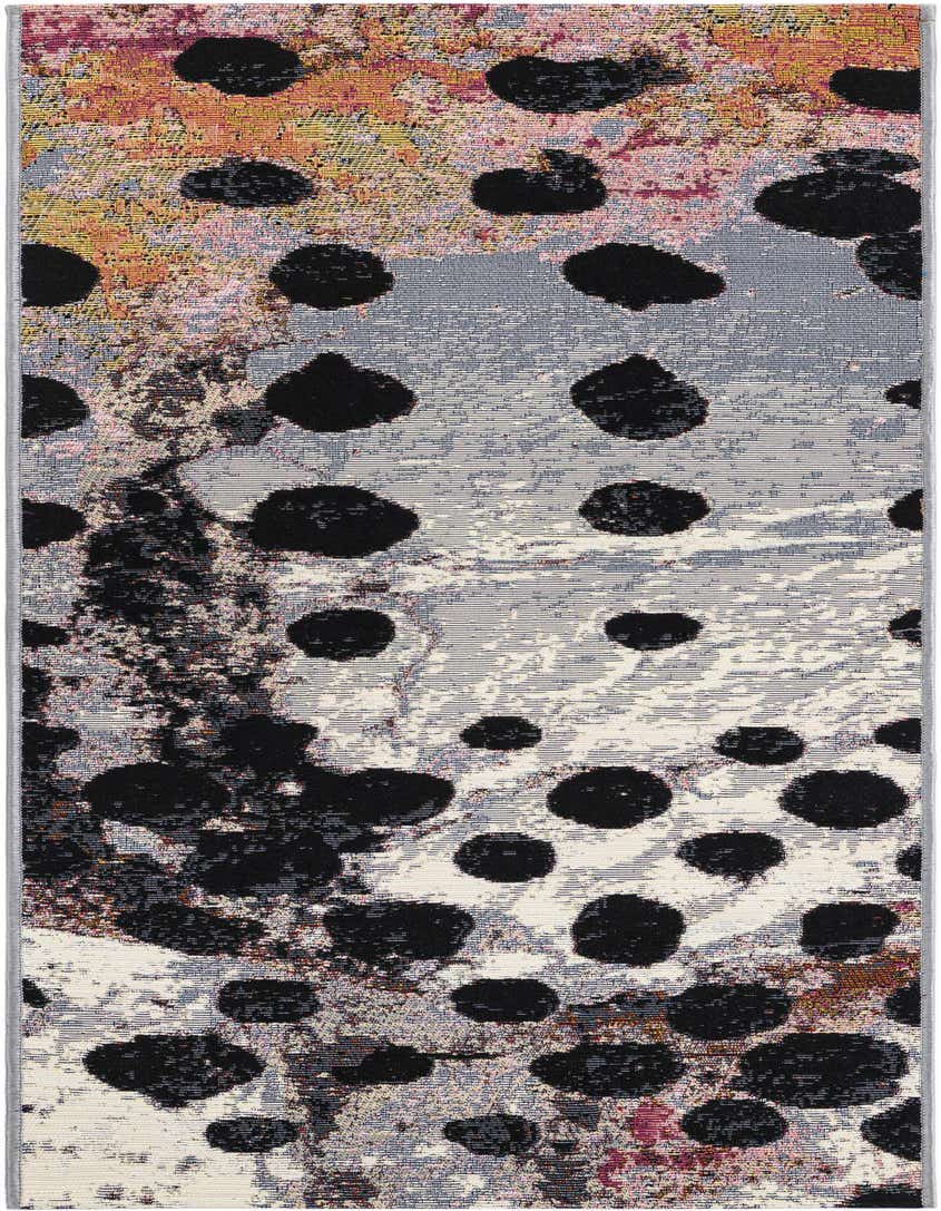 A 5 ft runner rug featuring a modern abstract pattern of large black spots on a textured background of ivories, creams, and subtle pastels, suitable for a hallway or patio.