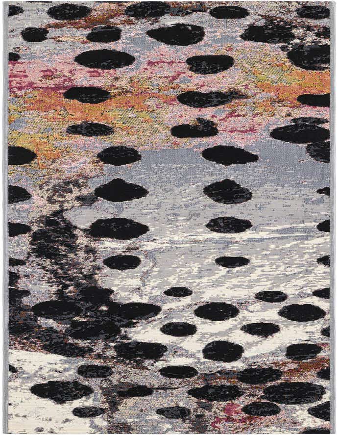 A 6 ft runner rug with an abstract modern pattern featuring black spots over a textured background of ivories, creams, and subtle hints of color.