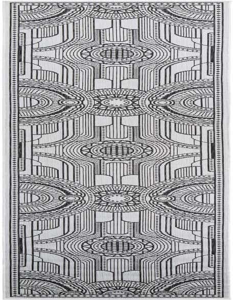 A 12 Ft Runner rug featuring a striking black and white medallion pattern, ideal for hallways or patios.